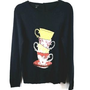 TALBOTS -  Navy Tea Cup Graphic Sweater Size M